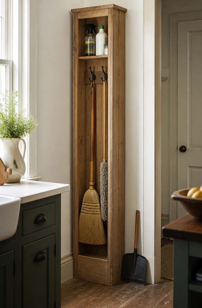 A tall American Pine Broom Closet with hooks and storage compartments.