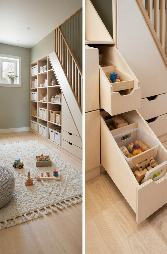 Basement Playroom Toy Storage: Built-Ins, Cubes & Multi-Functional Furniture 1 Wall-mounted shelf with bins for toys in a basement playroom.