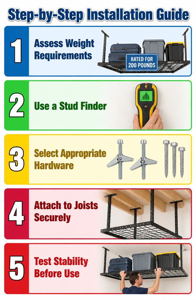7 Bedroom Ceiling Storage Ideas for 2026: Shelves, Racks & Nets 10 Step-by-step guide illustrating the installation of ceiling storage.