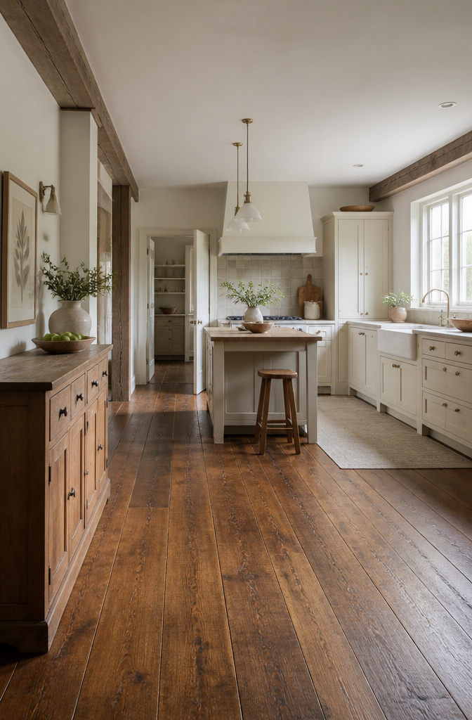 20 Country Style Kitchen Ideas for a Cozy Farmhouse Feel 10 Wide plank hardwood flooring in a country-style kitchen.