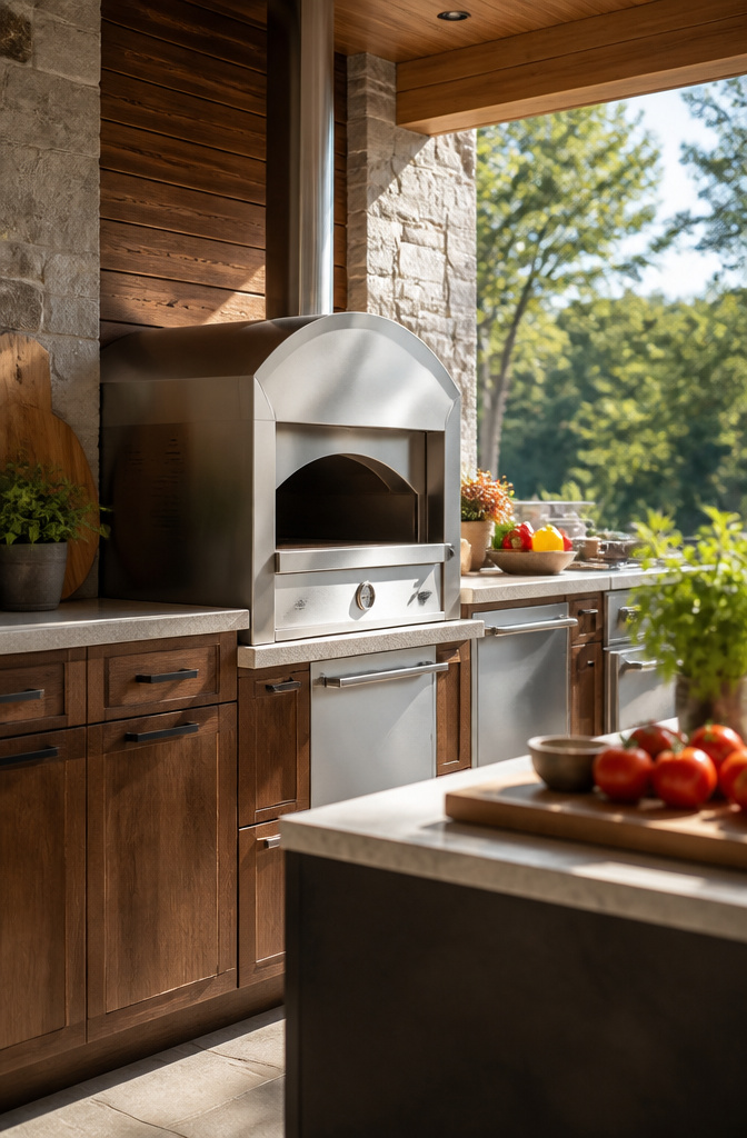 The Fire Magic Aurora built-in gas pizza oven in a grand outdoor kitchen.