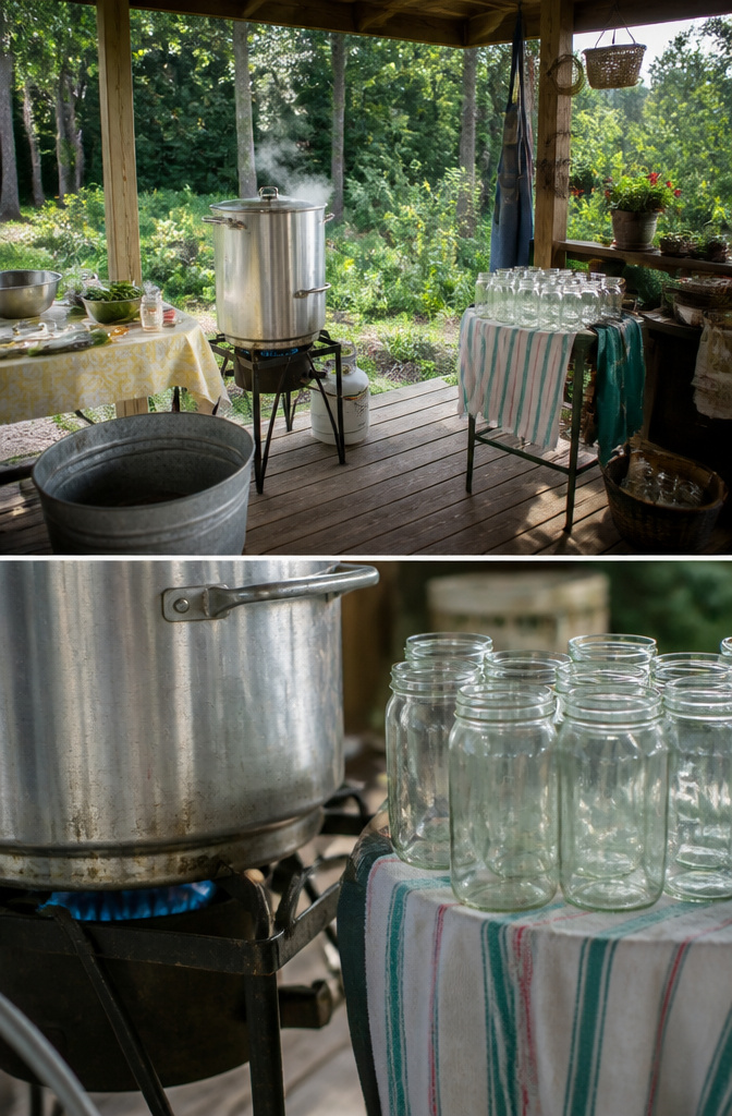 Canning Kitchen Ideas: Outdoor, Indoor and Seasonal Designs for Preserving 10 An outdoor canning station set up on a back deck.