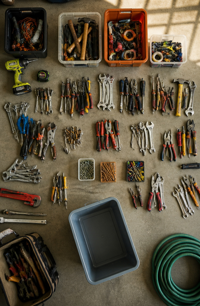 Tools organized in piles for sorting and decluttering in a garage.