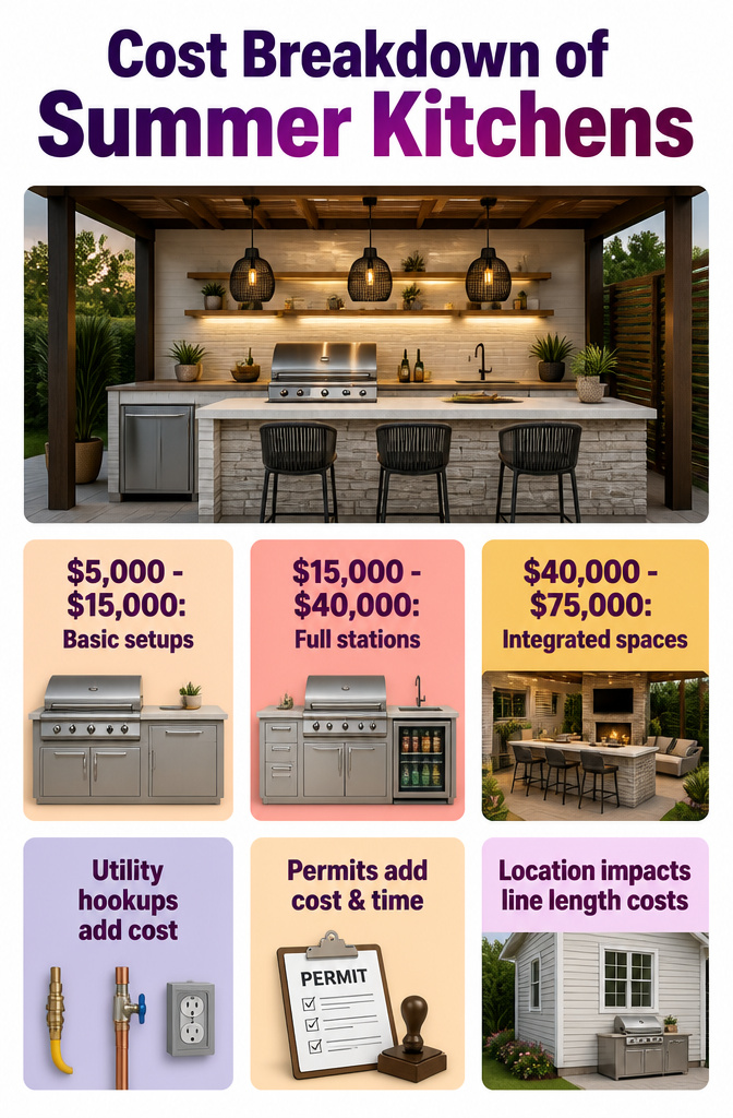 Cost breakdown graphic showing summer kitchen price ranges.