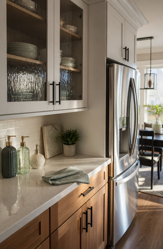 Textured glass cabinet door with visible fingerprints and cleaning supplies.
