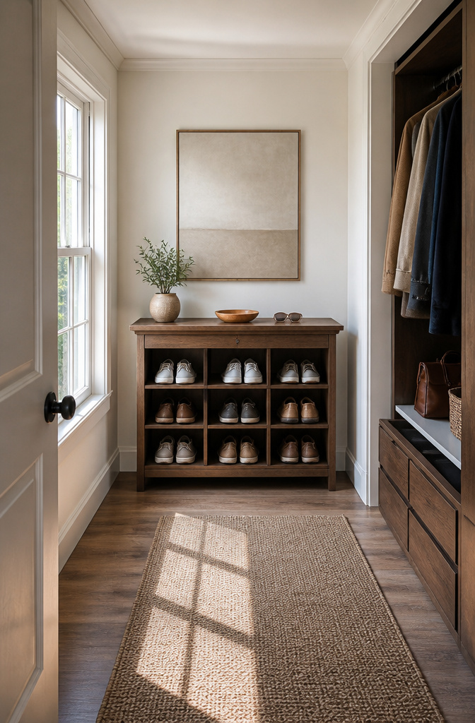 A console table featuring a shoe storage cubby underneath.