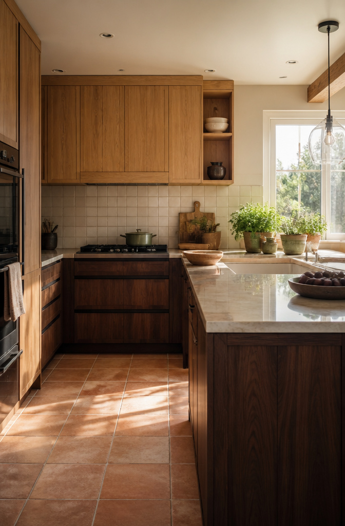 A kitchen featuring dark walnut lower cabinets and light oak upper cabinets.
