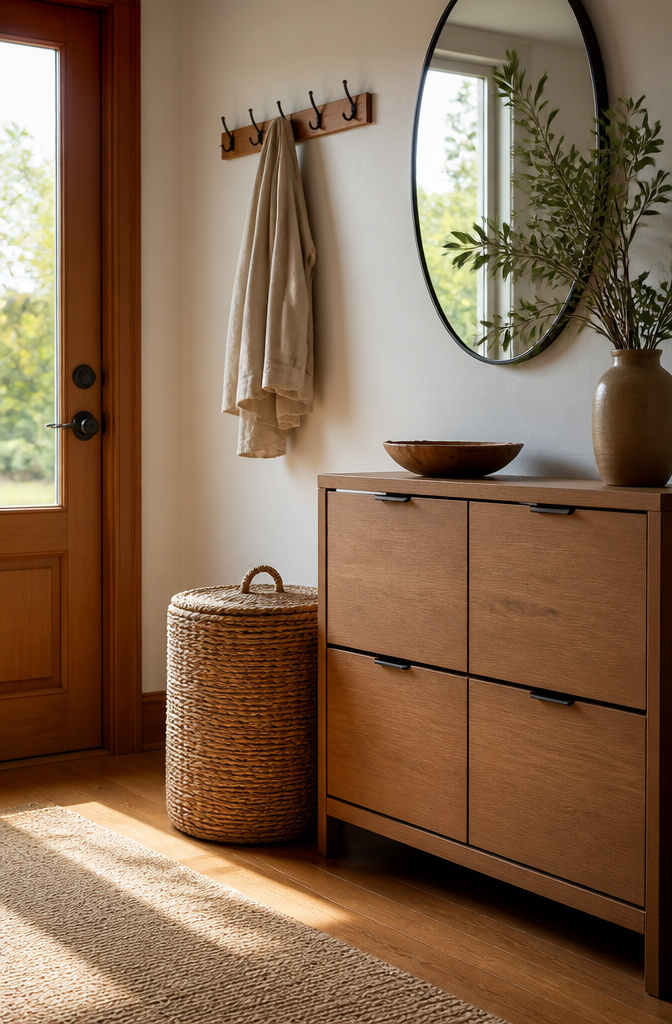 7 Shoe Rack Front Door Ideas for 2026 10 A woven basket with a lid beside a wooden cabinet in a well-decorated entryway.