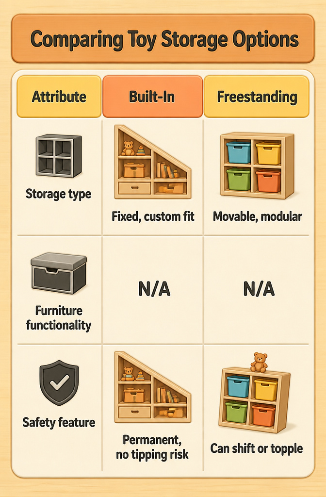 Basement Playroom Toy Storage: Built-Ins, Cubes & Multi-Functional Furniture 10 Infographic comparing different toy storage options for basements.