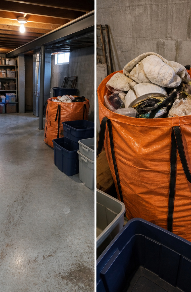 A filled Bagster bag sitting in a driveway for disposal.
