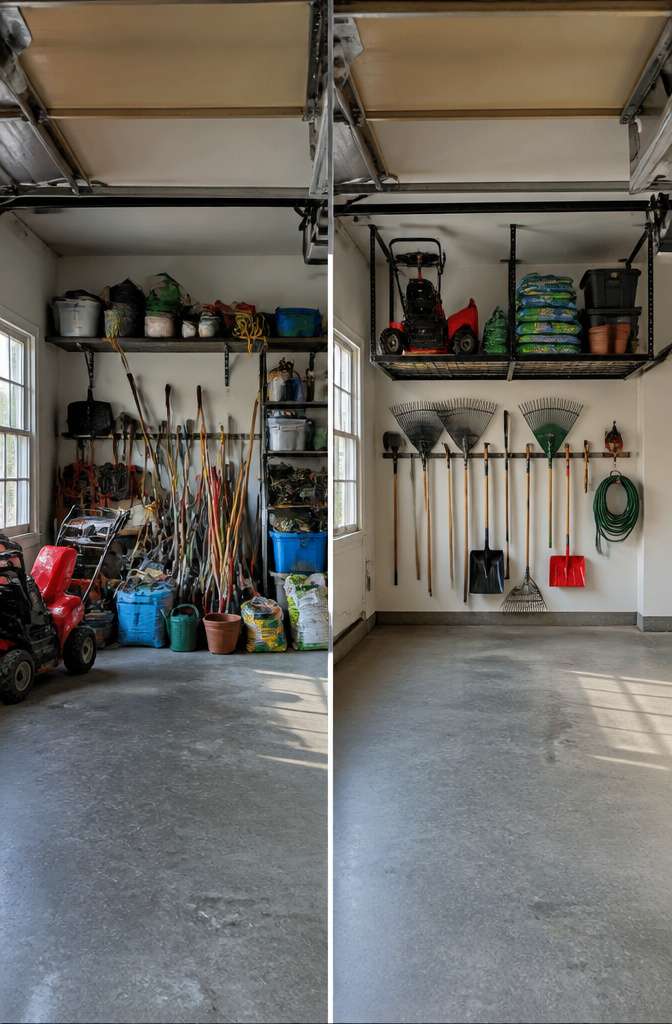 A shelf with seasonal tools, including a snow blower and garden tiller.