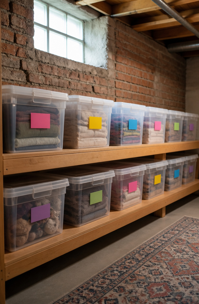Storage bins with colorful adhesive labels on a wooden shelf.