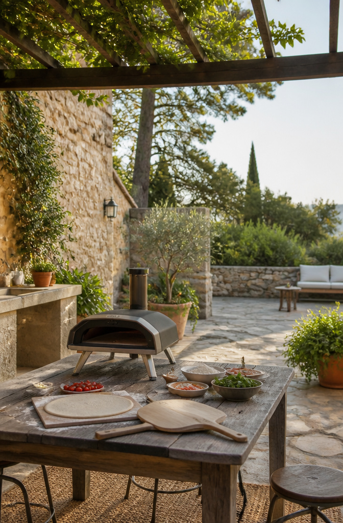 A portable pizza oven positioned on a table for outdoor use.