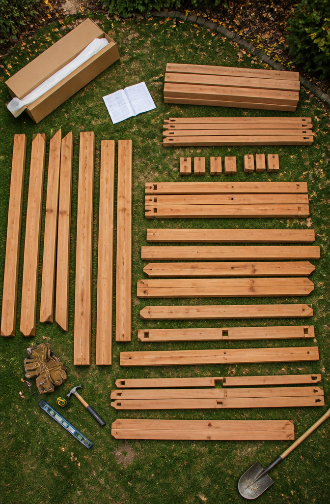 7 Outdoor Kitchen Pergola Ideas for Backyards in 2026 11 A pre-cut pergola kit with labeled beams and assembly instructions.