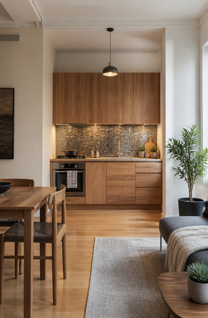 A kitchen with modular wood cabinets and a glass tile backsplash.