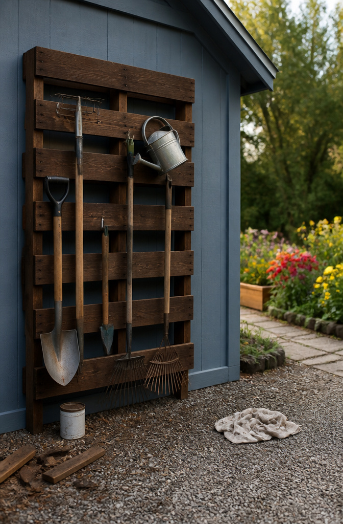 Pallet Garden Tool Storage: 7 Steps to Build an Outdoor Rack 11 A weatherproofed pallet rack positioned against a freshly painted shed.