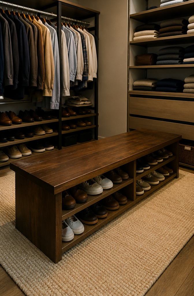A sturdy bench with shoe shelves underneath in a closet.