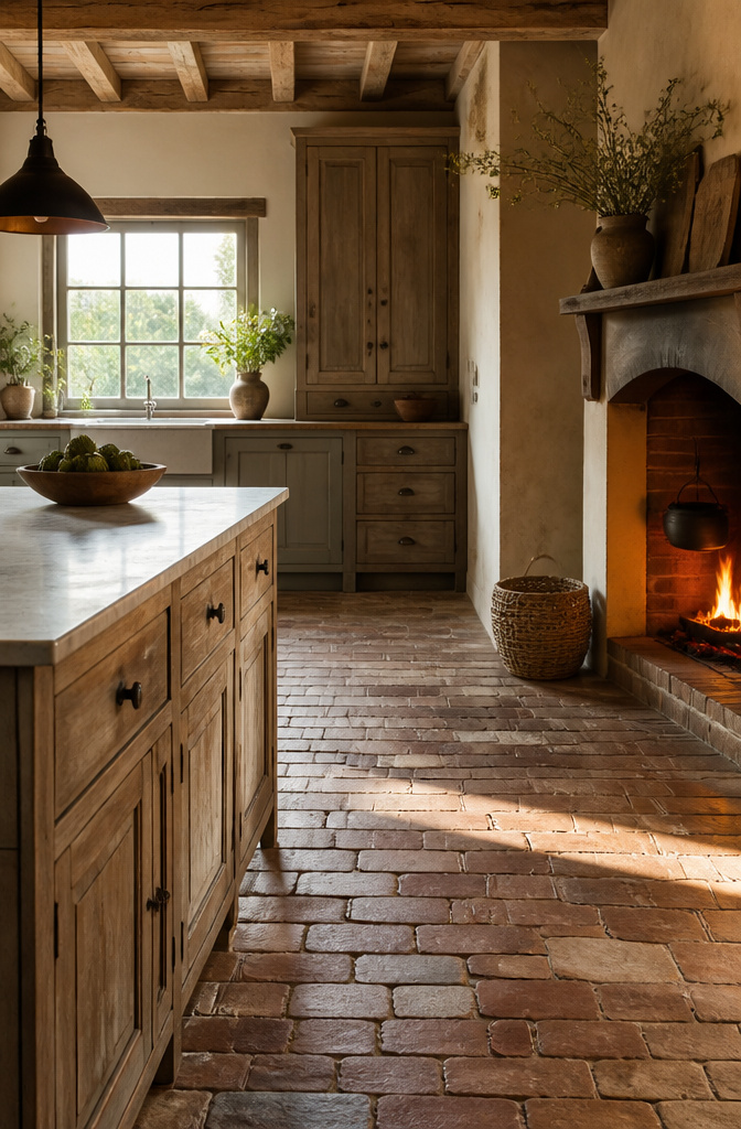20 Country Style Kitchen Ideas for a Cozy Farmhouse Feel 11 Brick paver flooring in a cozy country kitchen.