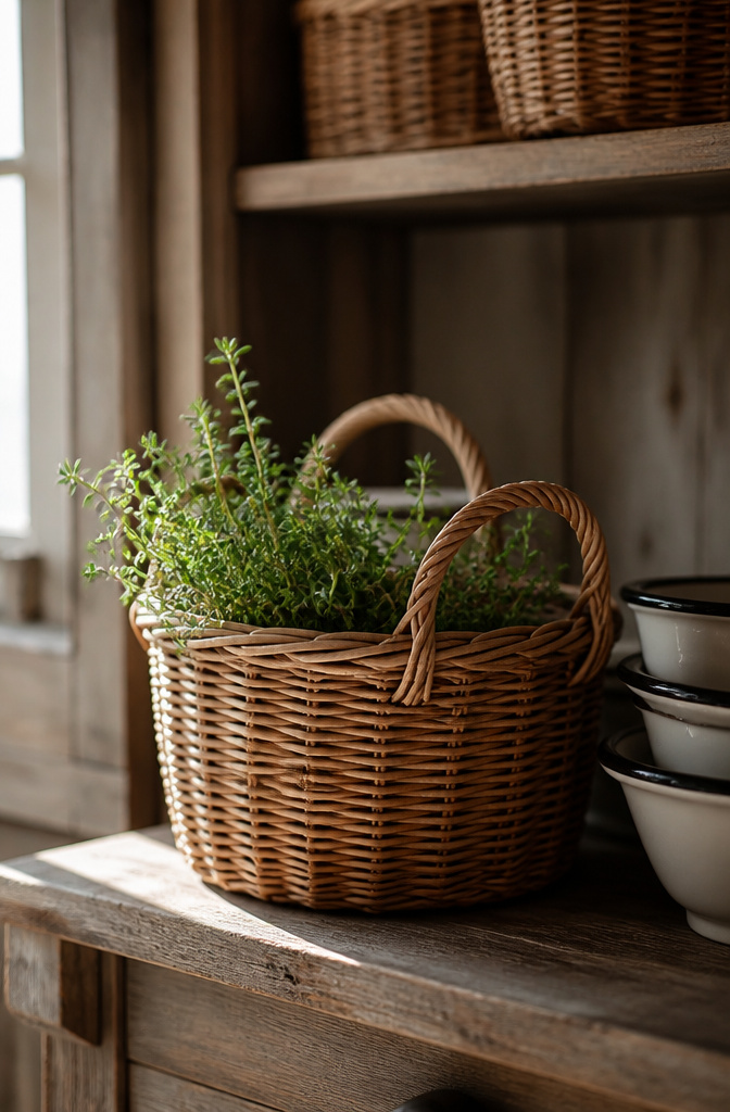 20 Country Style Kitchen Ideas for a Cozy Farmhouse Feel 12 Wicker baskets on open shelves in a country kitchen.