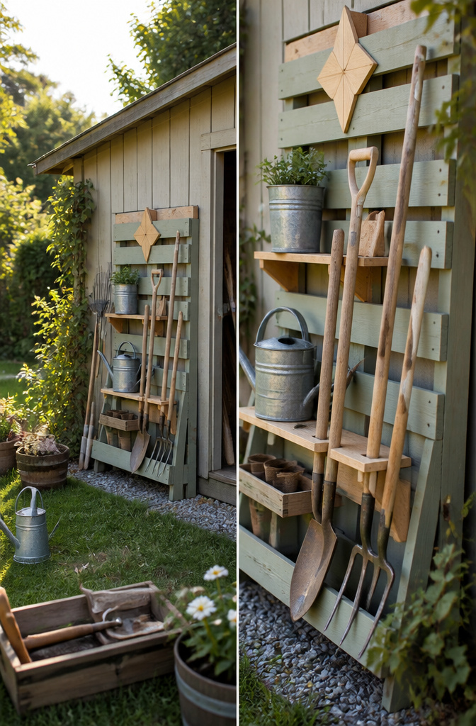 Pallet Garden Tool Storage: 7 Steps to Build an Outdoor Rack 12 A pallet with creative modifications, including paint and drainage solutions.