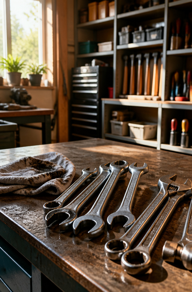 Steel tools on a workbench with an oily rag for maintenance.
