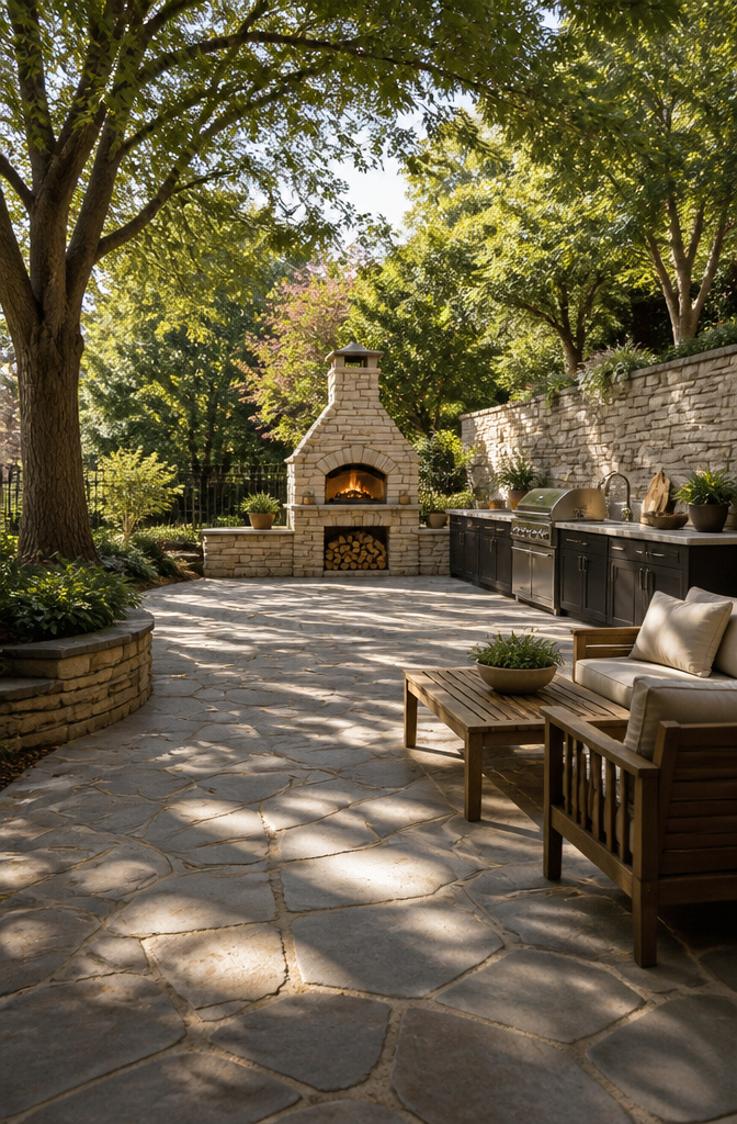 An outdoor kitchen layout featuring a pizza oven and seating area.