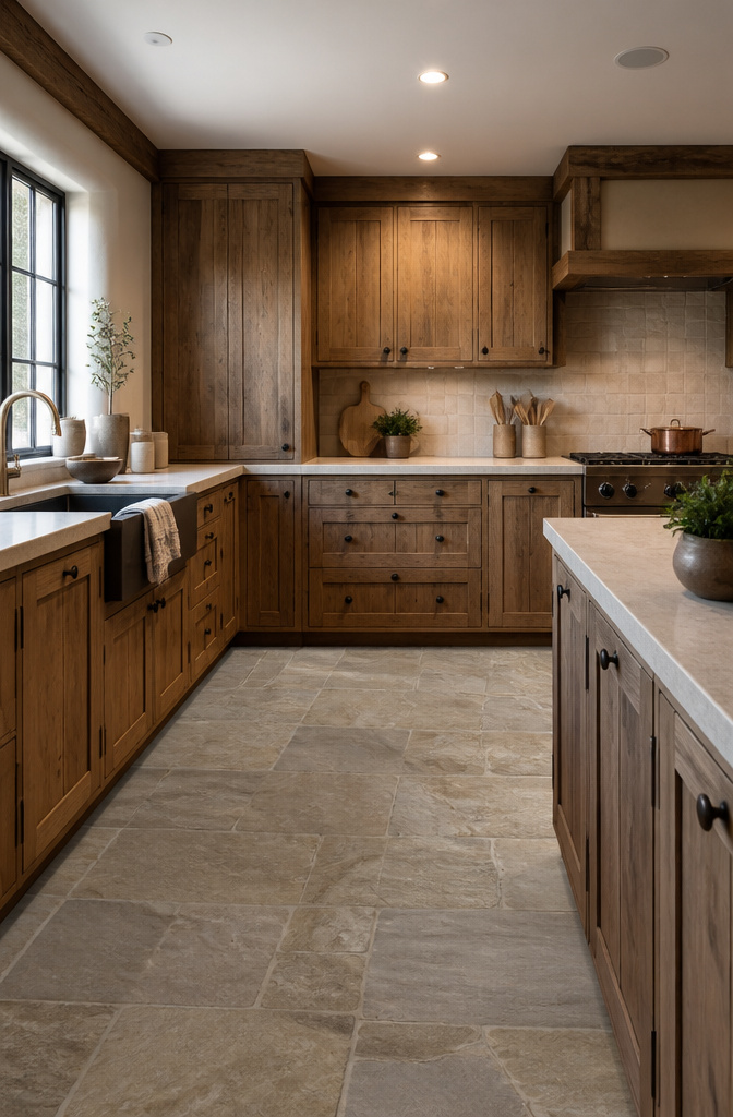A rustic kitchen with reclaimed wood cabinets and stone-look tiles.