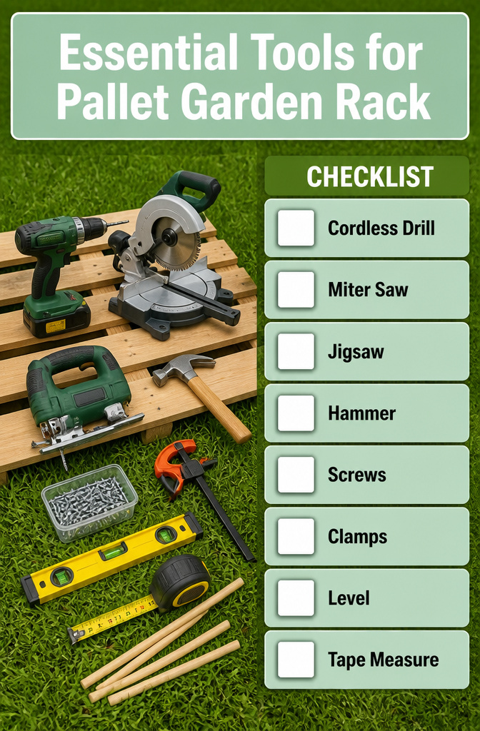 Pallet Garden Tool Storage: 7 Steps to Build an Outdoor Rack 13 A collection of tools necessary for constructing a pallet garden rack.