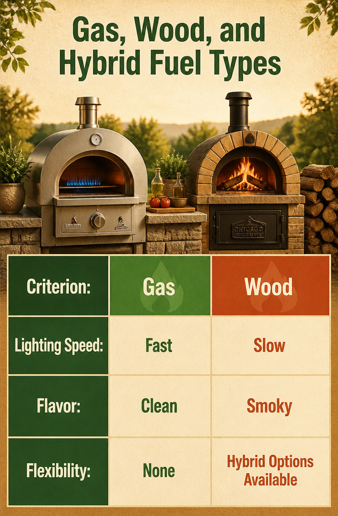 An informative image detailing gas, wood, and hybrid fuel types.