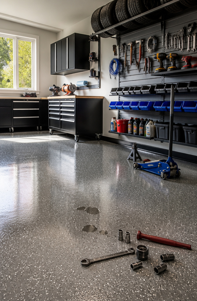 A garage floor with a polyaspartic coating and scattered tools.