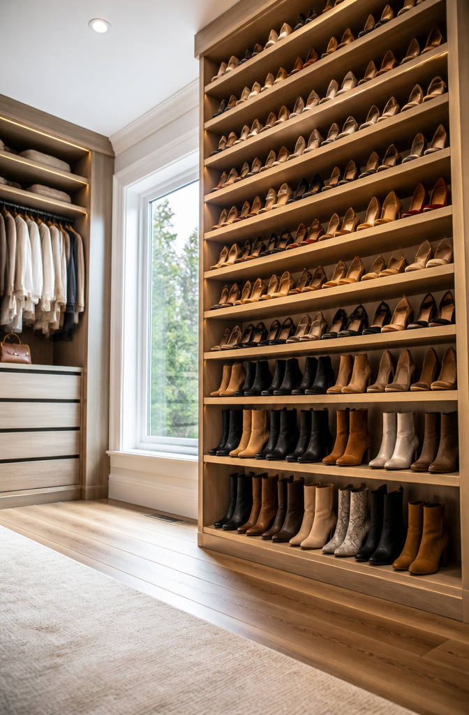 A tall shoe shelf reaching from floor to ceiling.