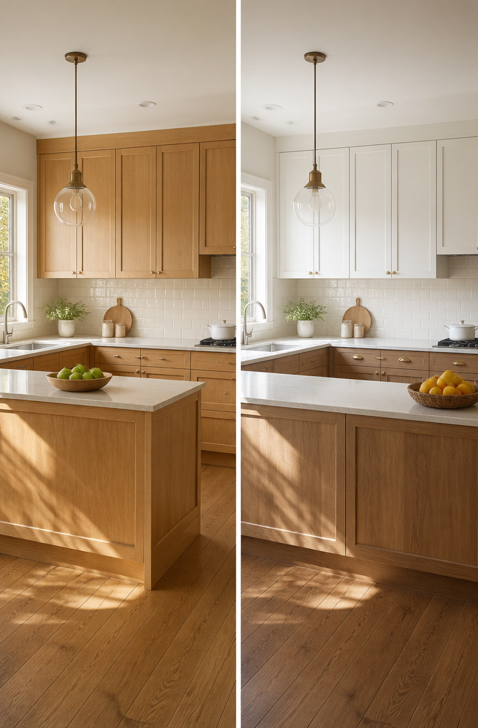 A kitchen with a mix of wood and white cabinetry.