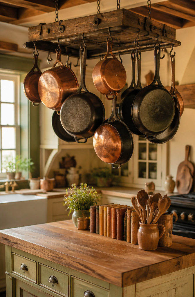 20 Country Style Kitchen Ideas for a Cozy Farmhouse Feel 14 Copper pots and cast iron skillets hanging on a kitchen wall.