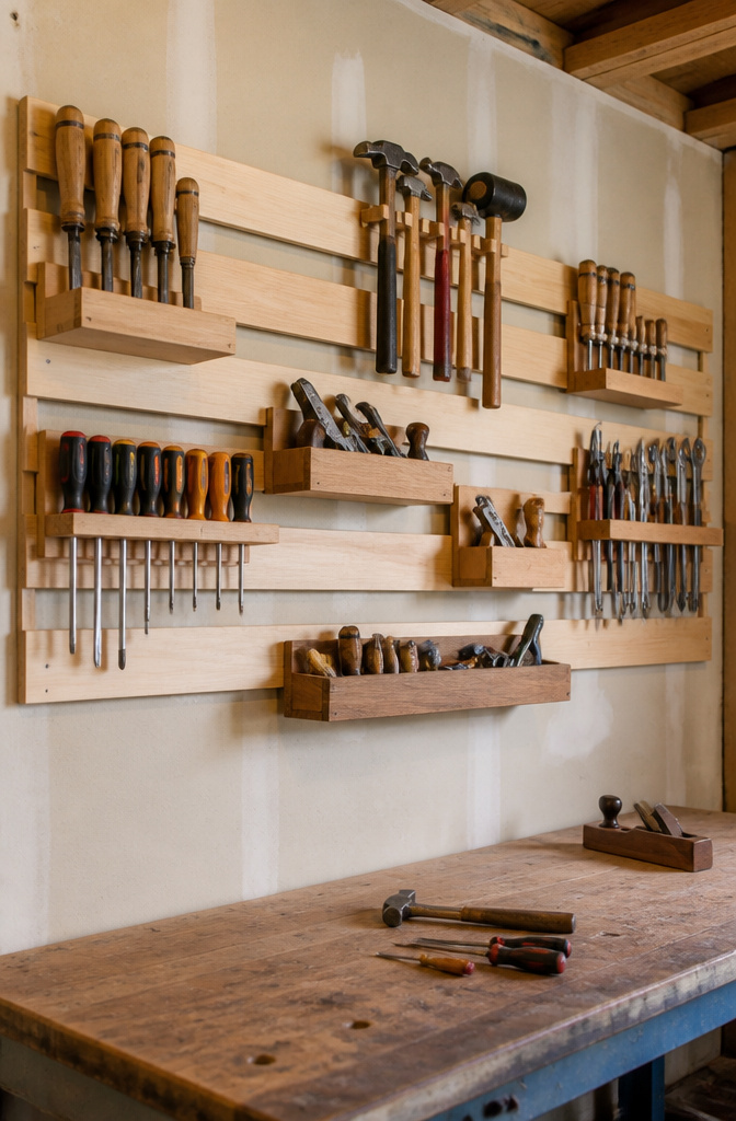 A wall-mounted French cleat system holding various tools and shelves.