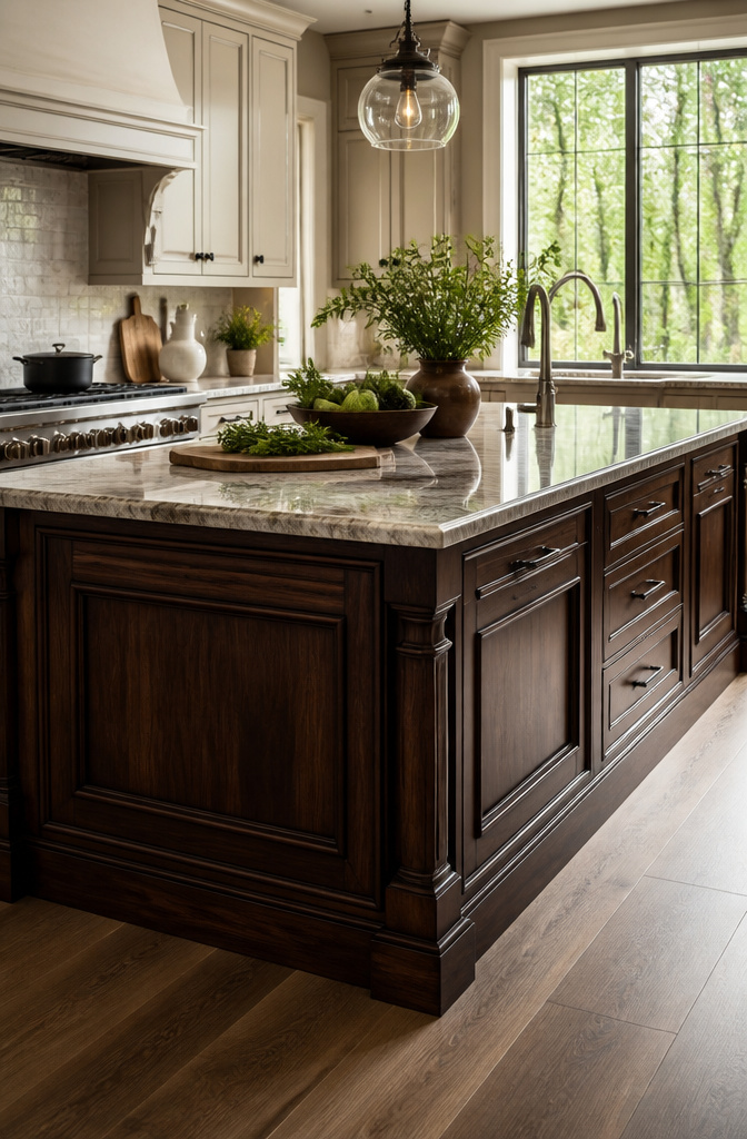 A kitchen with a dark wood island and lighter perimeter cabinets.