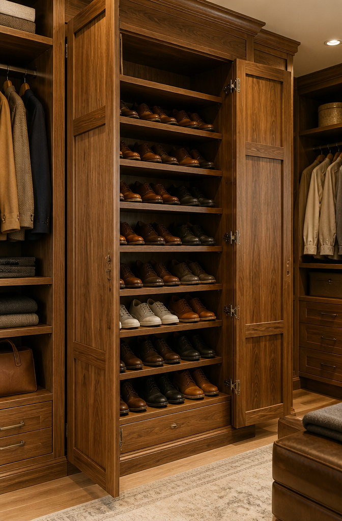A dresser designed for shoe storage with doors.