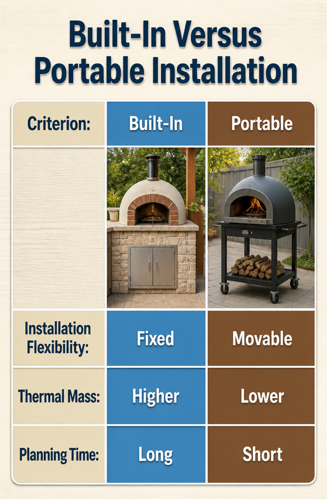 A comparison of built-in versus portable pizza oven installations.