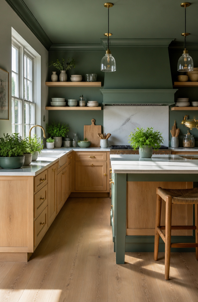 A colorful kitchen featuring white oak cabinetry and green accents.