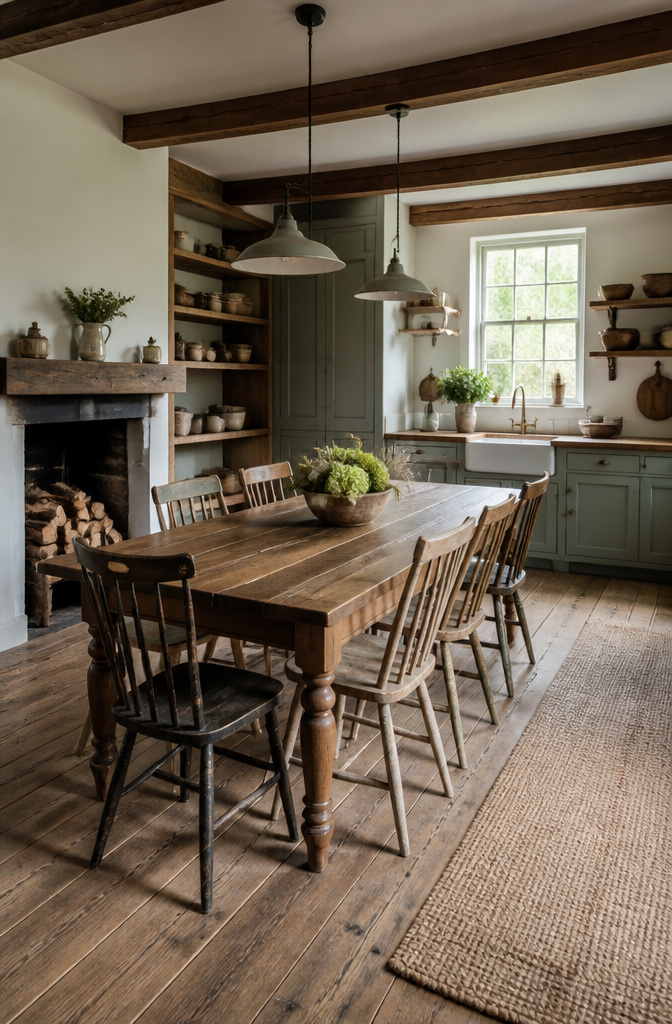 20 Country Style Kitchen Ideas for a Cozy Farmhouse Feel 15 A large wooden farmhouse table in a country kitchen.