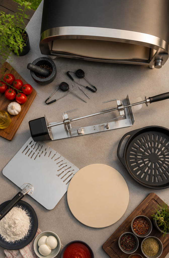 A collection of pizza oven accessories displayed alongside a built-in oven.