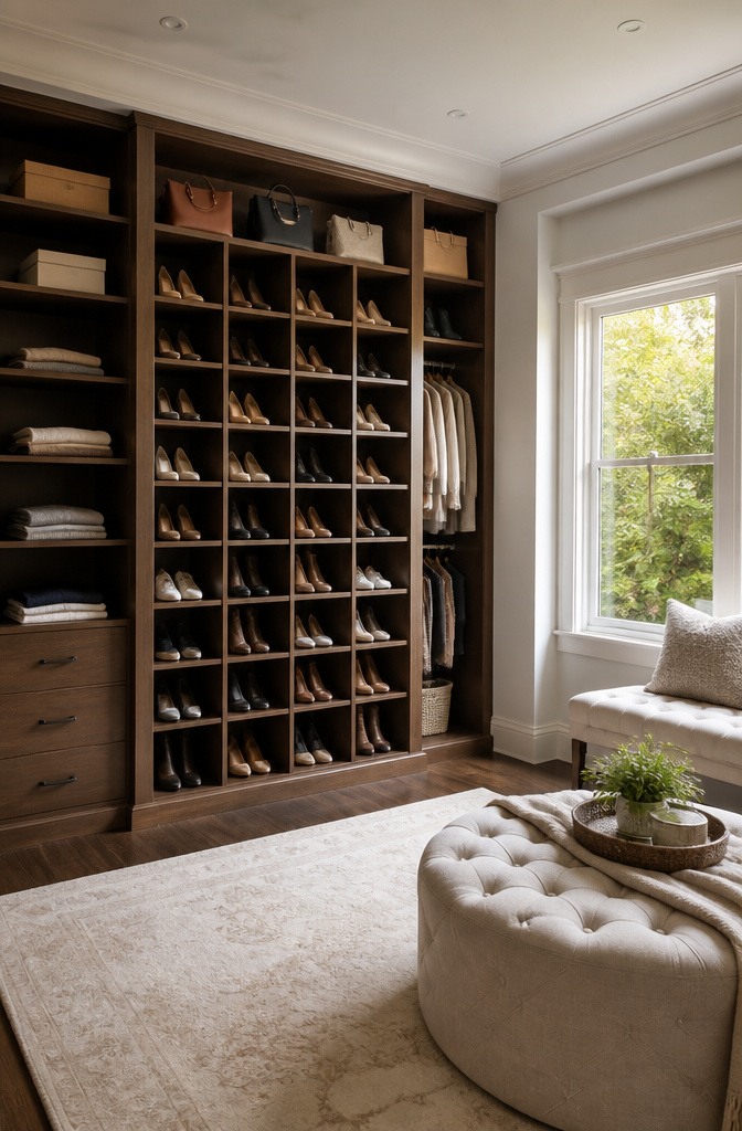 A closet with built-in cubbies for shoe storage.