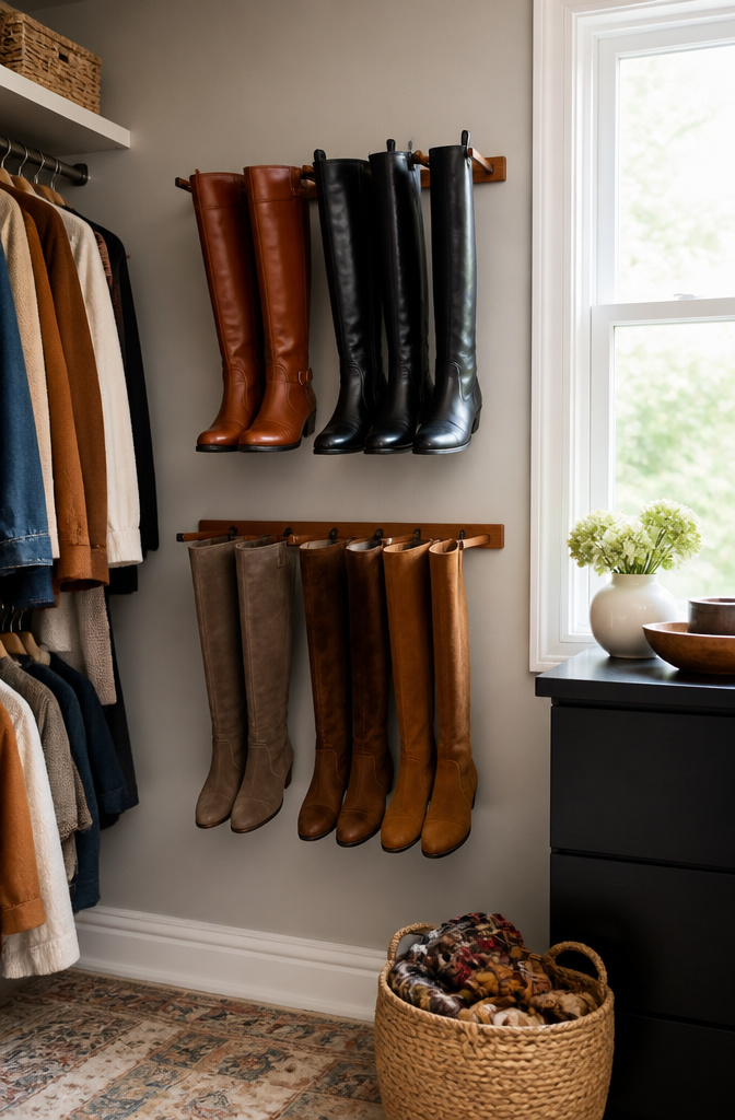 A wall-mounted rack holding pairs of tall boots.