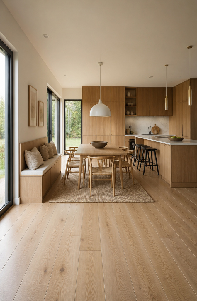 A kitchen with oak cabinetry linking to a dining area.