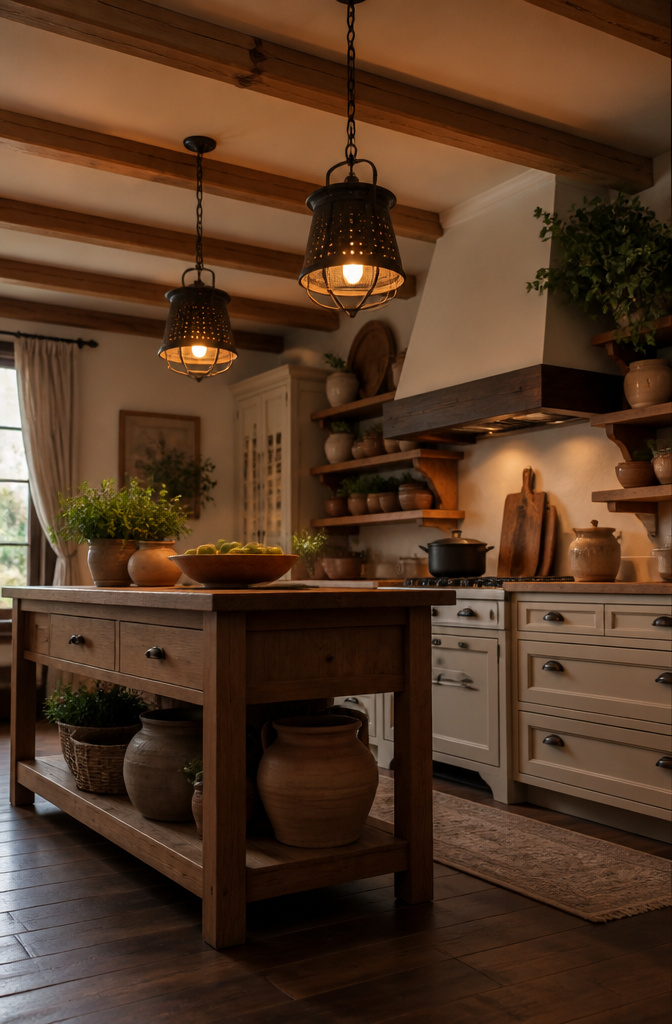 20 Country Style Kitchen Ideas for a Cozy Farmhouse Feel 16 Lantern-style light fixtures above a kitchen island.