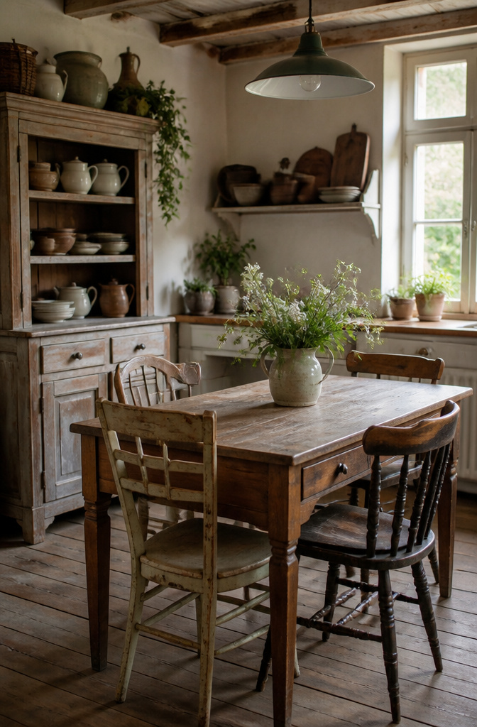 20 Country Style Kitchen Ideas for a Cozy Farmhouse Feel 17 Distressed wood dining table and mismatched chairs in a kitchen.