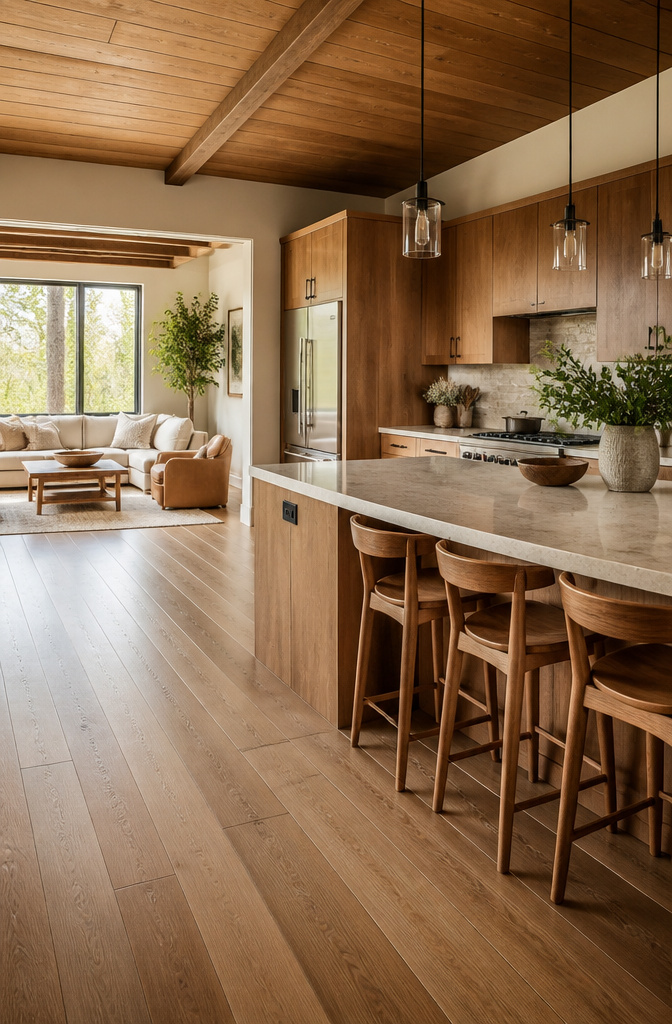 An open-plan kitchen with warm wood cabinetry and a living area.