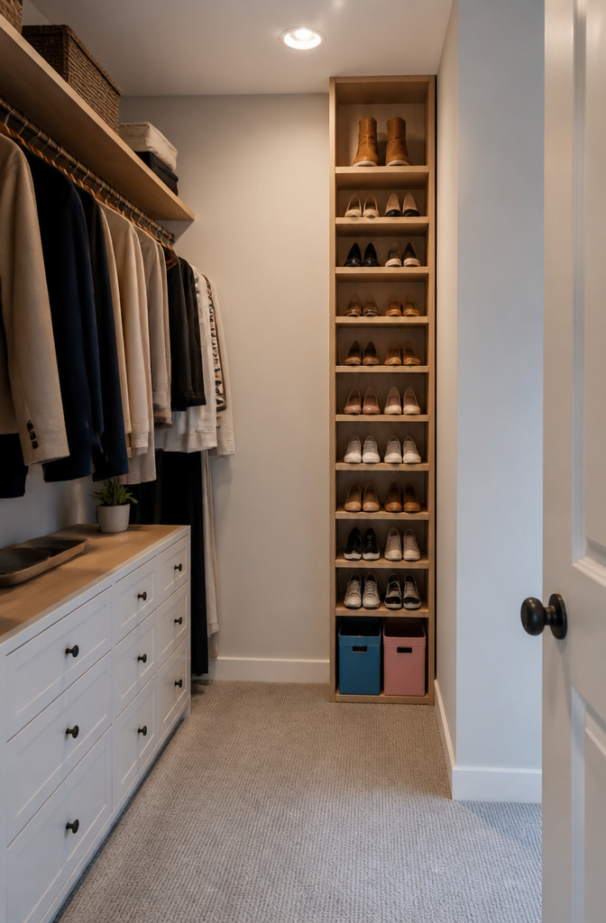A narrow vertical shoe shelf holding shoes upright.