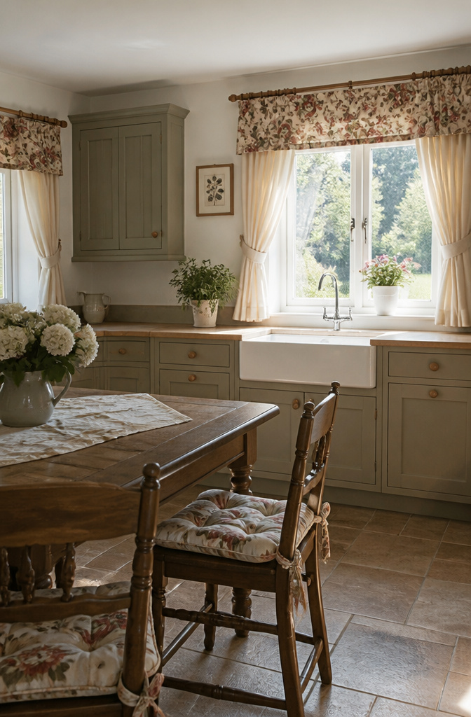 20 Country Style Kitchen Ideas for a Cozy Farmhouse Feel 18 Floral-patterned curtains and cushions in a country kitchen.