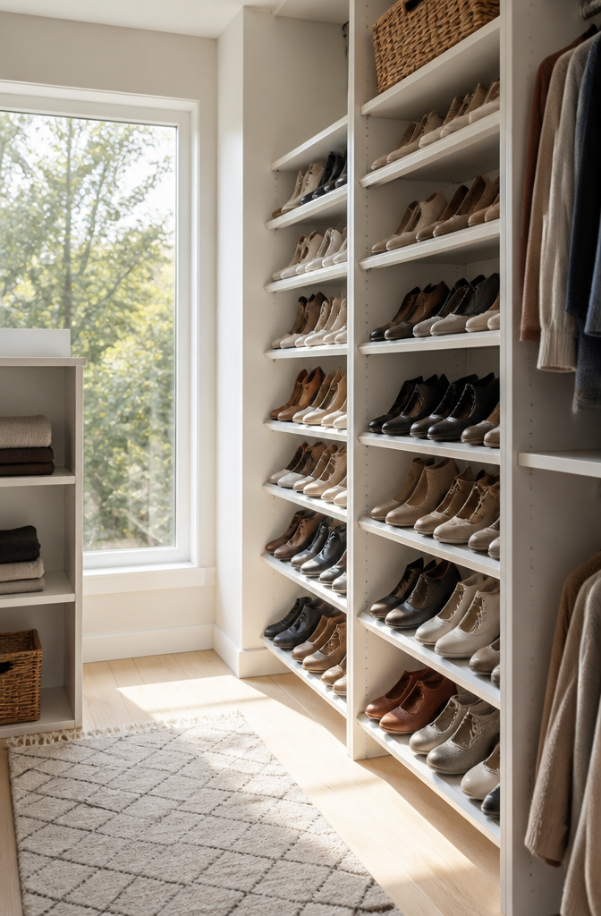 Adjustable shelves designed for vertical shoe storage.