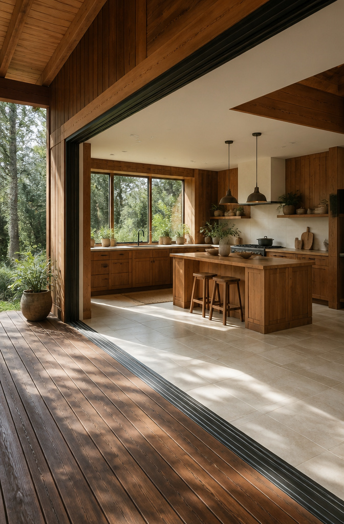 A kitchen with wood finishes connecting to an outdoor area.